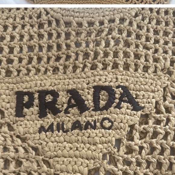 Prada Tan Crochet Tote with Black Logo - Picture 1 of 7
